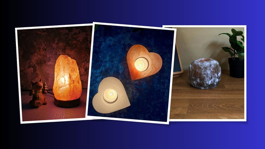 Three snapshot images depicting a pink himalayan salt lamp in the first, matching white and pink heart tea-light holders in the second, and a grey tea-light holder in the third