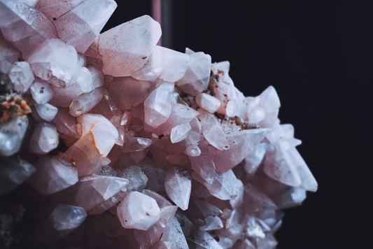 close up image of deep pink rose quartz crystal