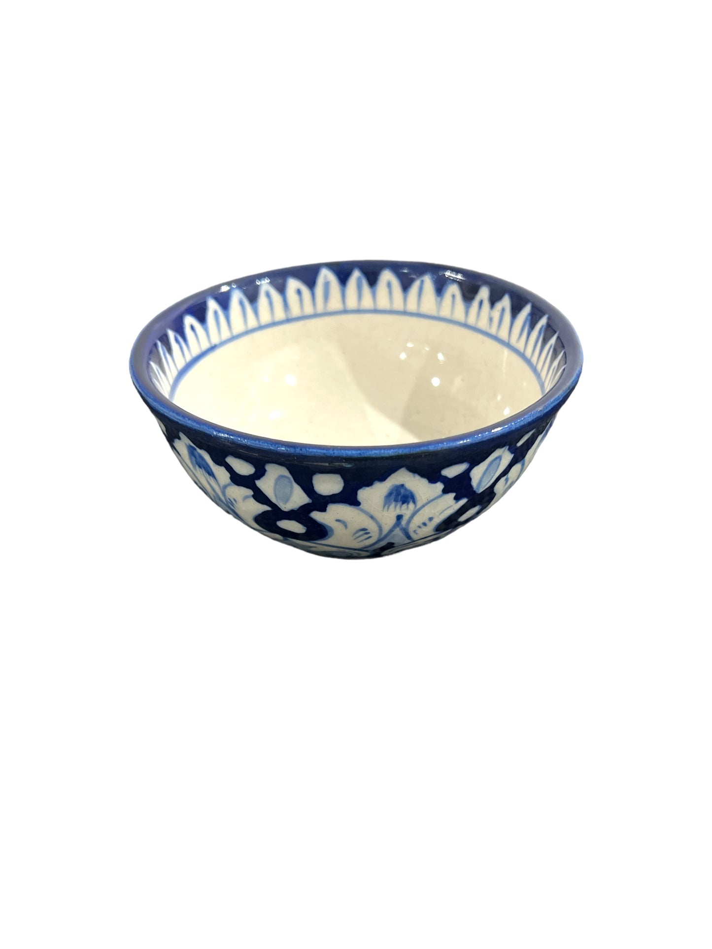 Blue Pottery Serving Bowl - White Floral Design (Set of 2)