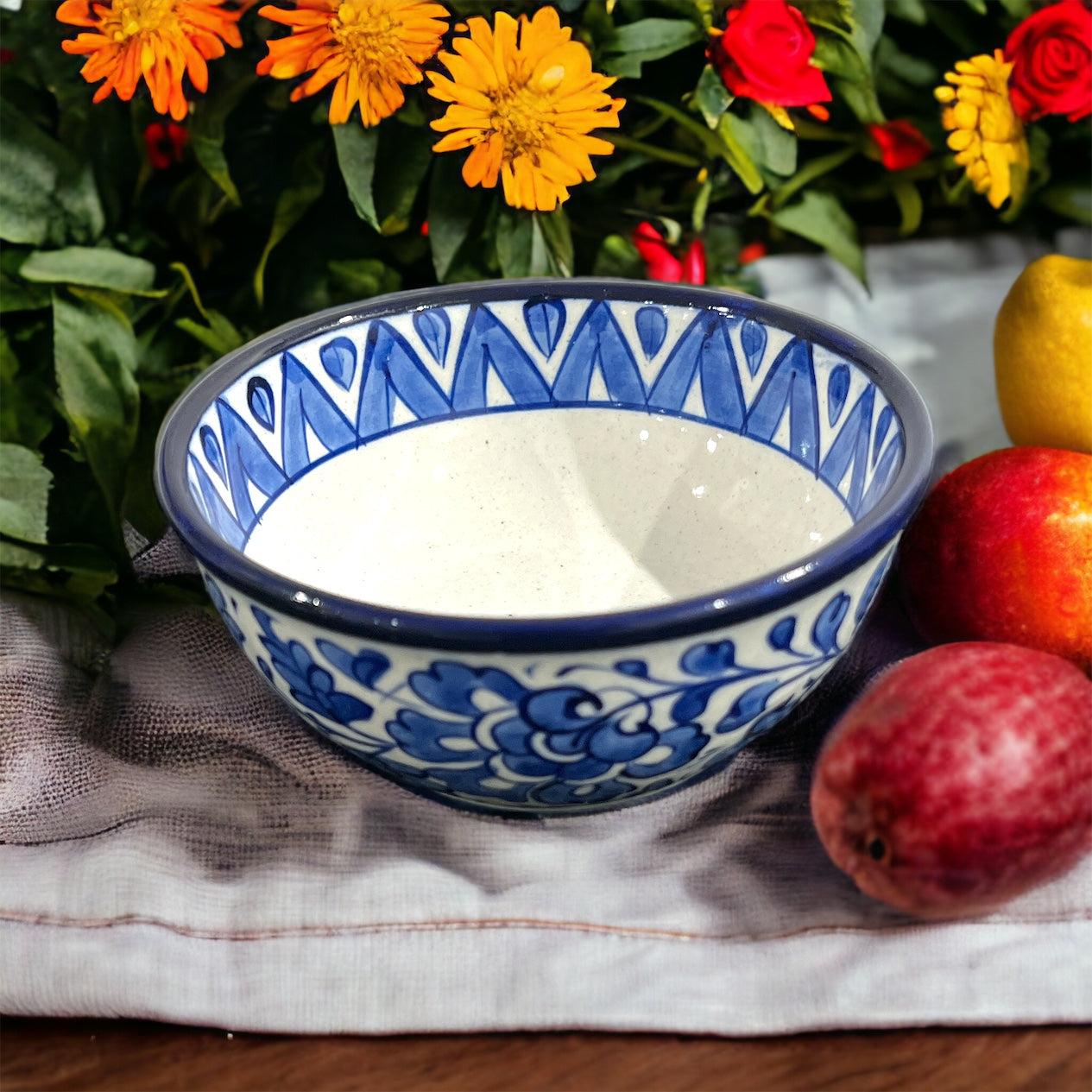 Blue Pottery Serving Bowl - Blue Leaf Triangle Design (Set of 2)