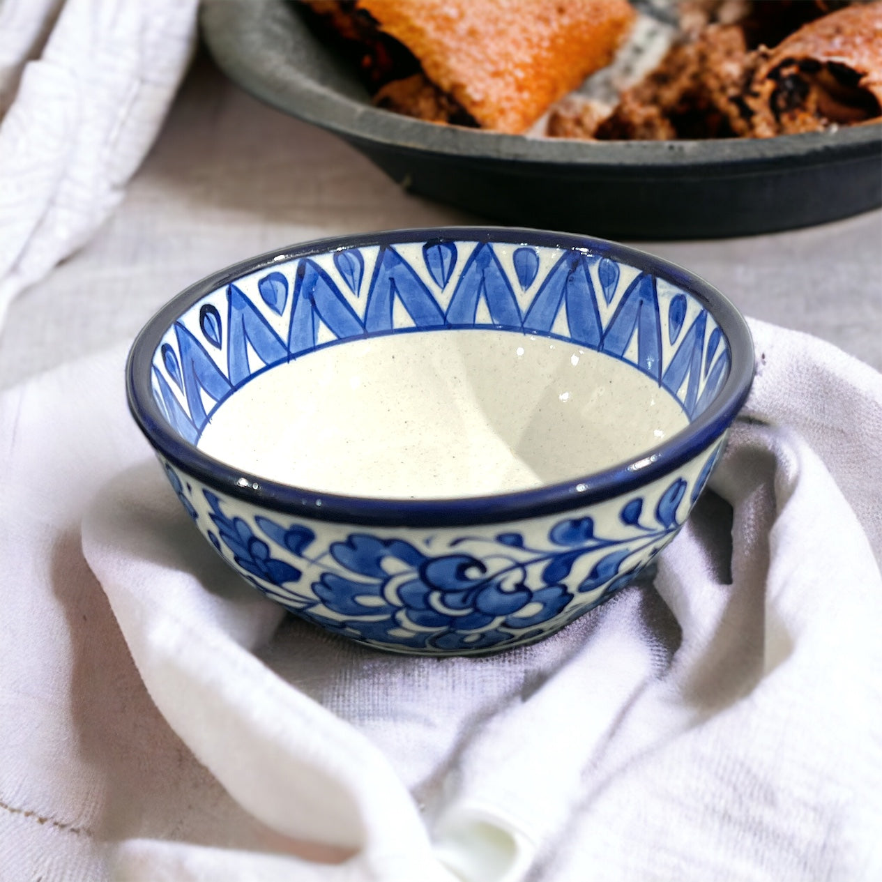 Blue Pottery Serving Bowl - Blue Leaf Triangle Design (Set of 2)