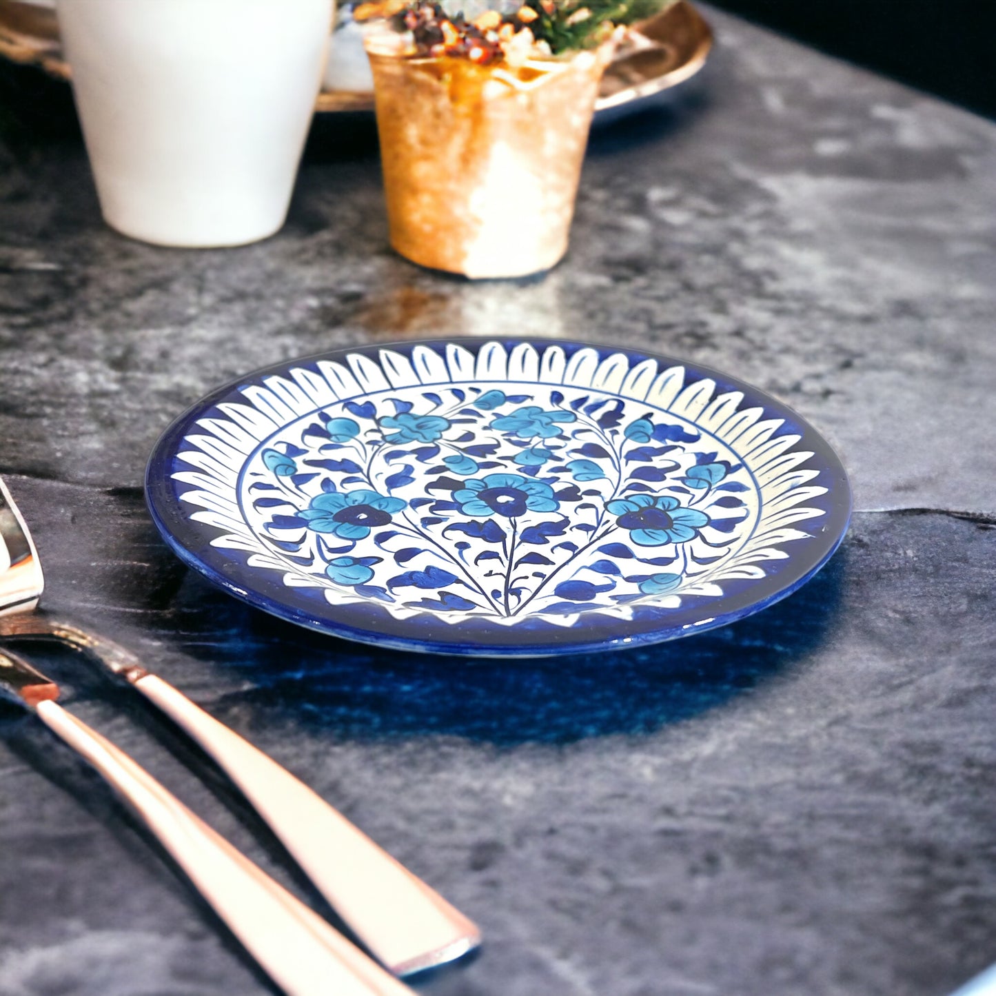 Blue Pottery Ceramic Dinner Plate - Light Blue Flower Design