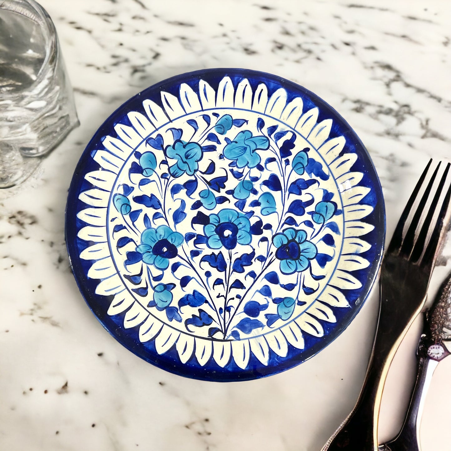 Blue Pottery Ceramic Dinner Plate - Light Blue Flower Design