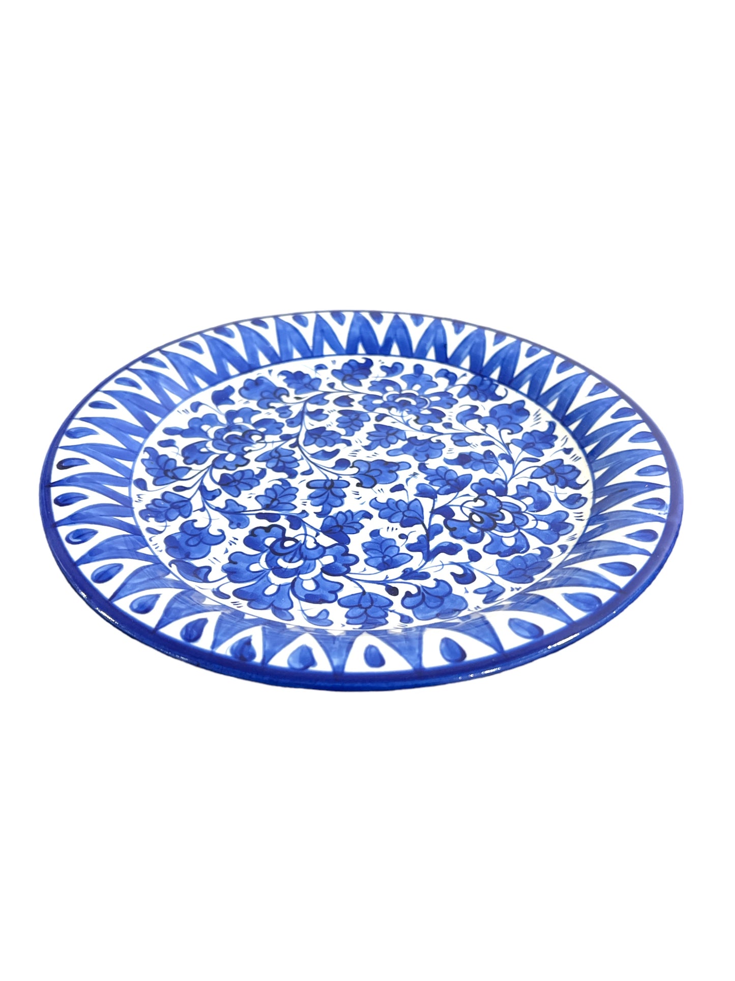 Blue Pottery Ceramic Dinner Plate - Blue Leaf Triangle Design