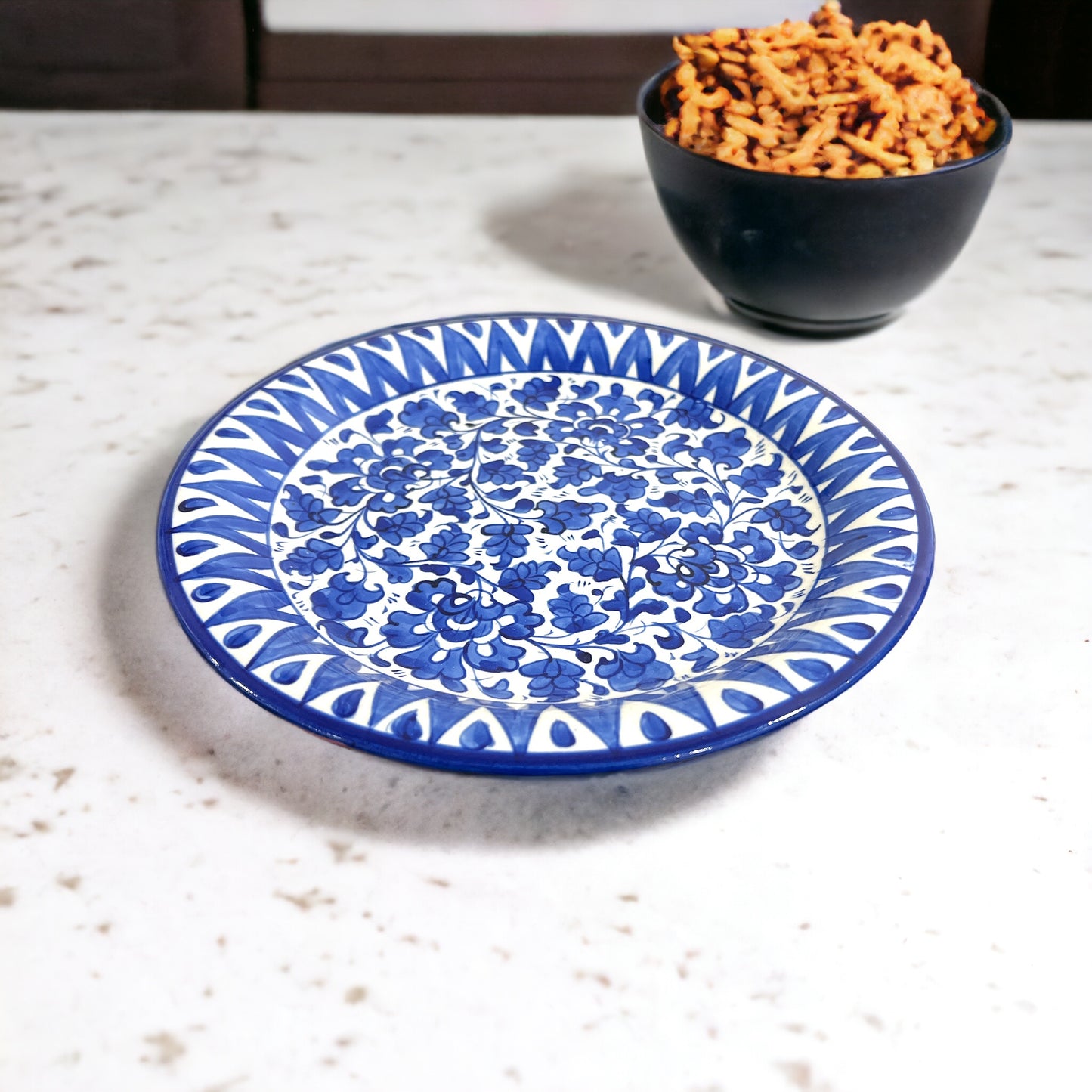 Blue Pottery Ceramic Dinner Plate - Blue Leaf Triangle Design