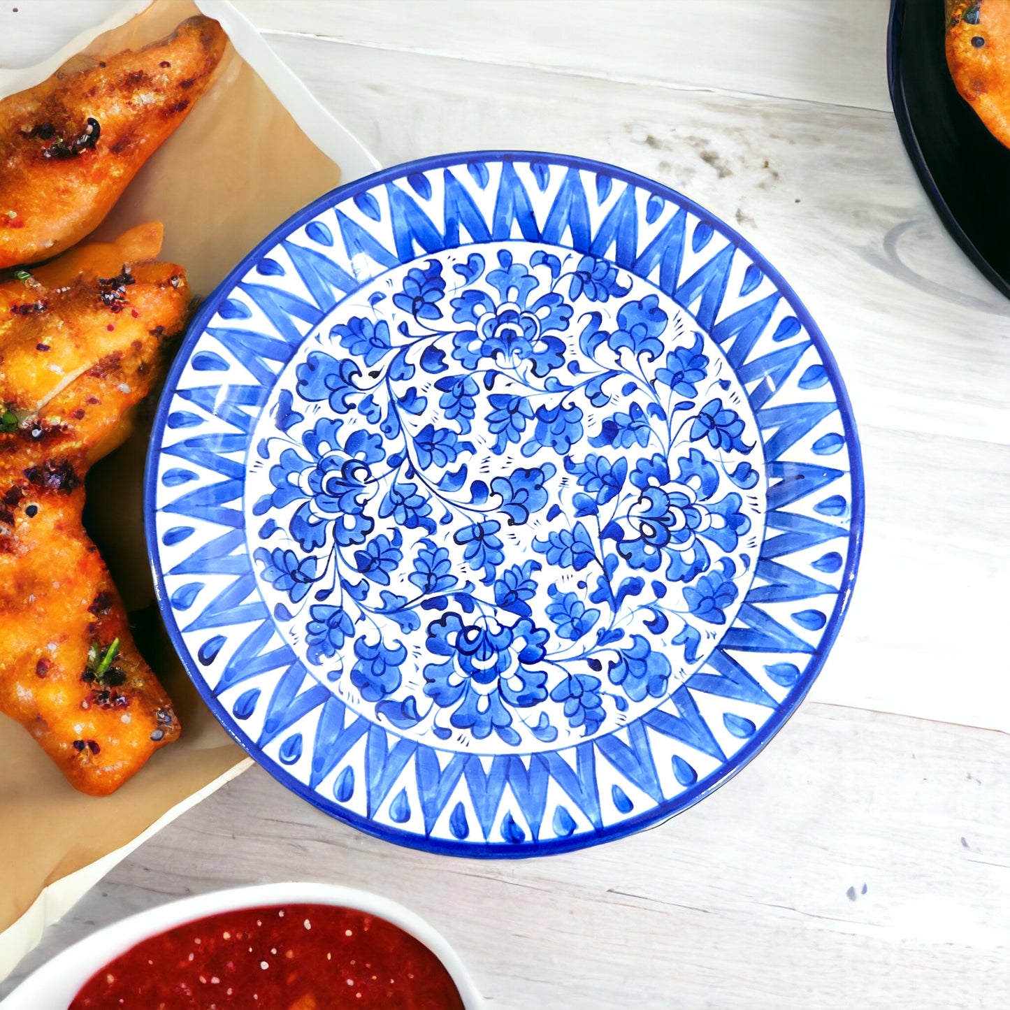 Blue Pottery Ceramic Dinner Plate - Blue Leaf Triangle Design
