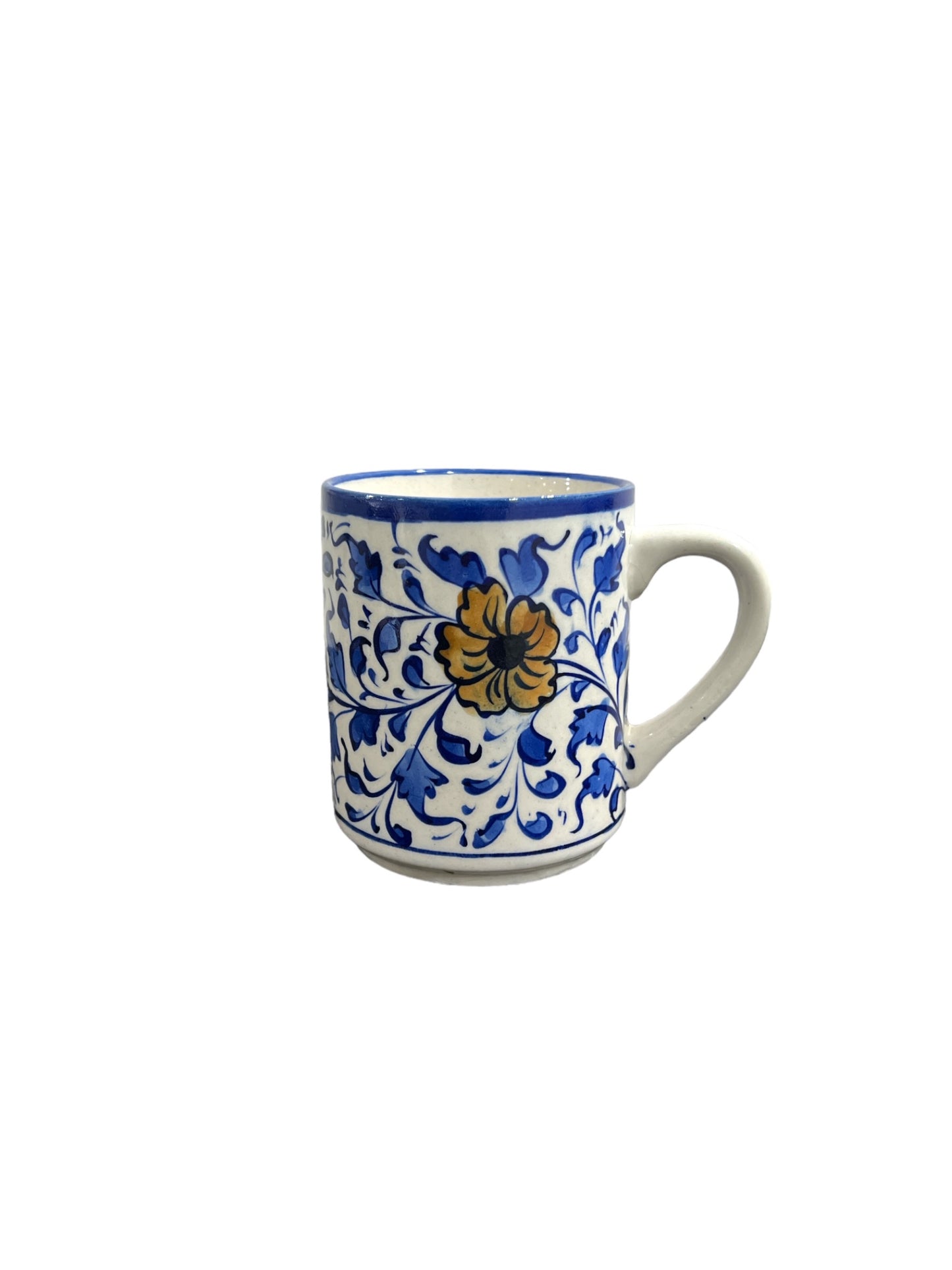 Blue Pottery Tea Coffee Mug - Yellow Flower Design (Set of 2)