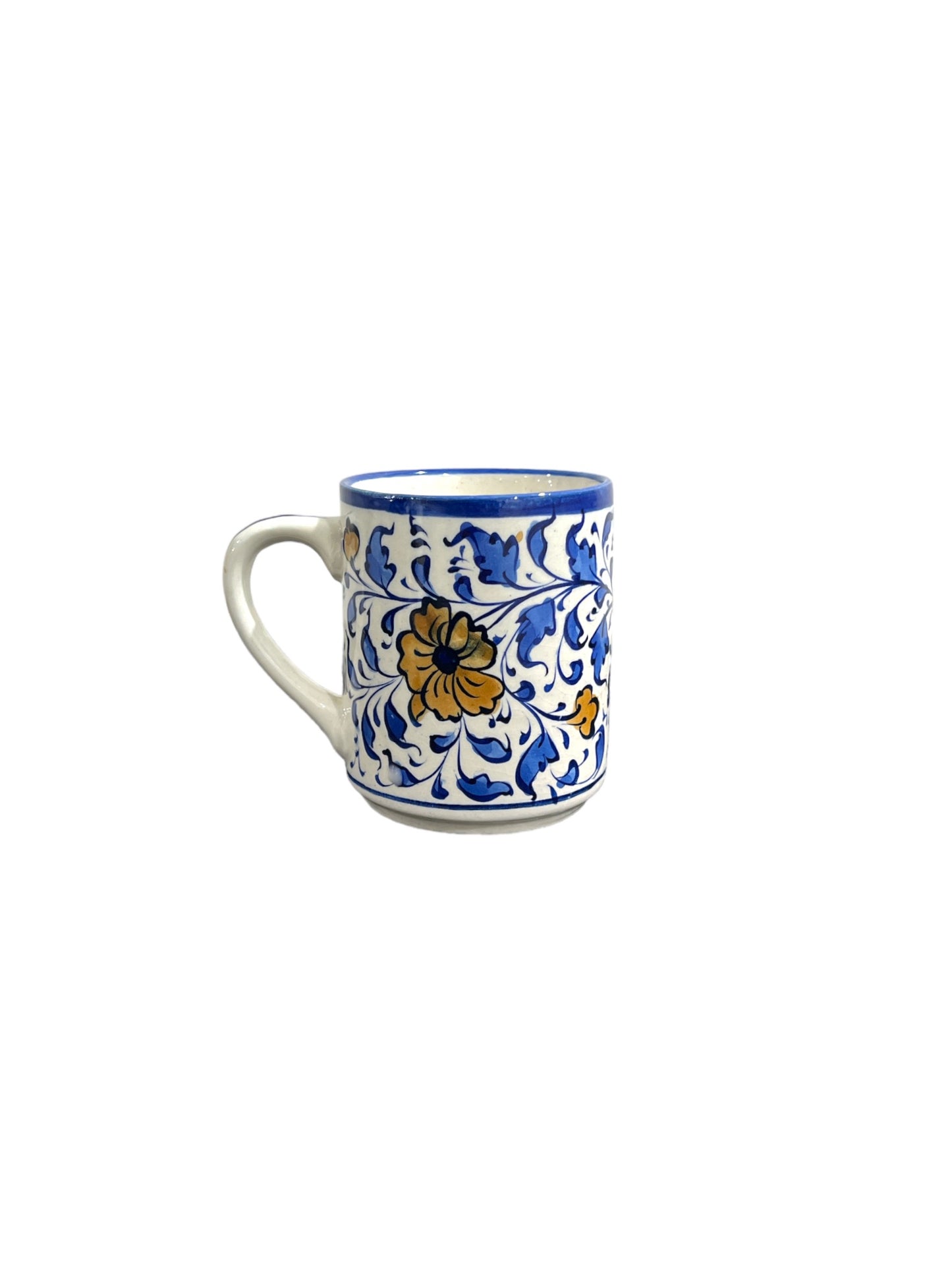 Blue Pottery Tea Coffee Mug - Yellow Flower Design (Set of 2)