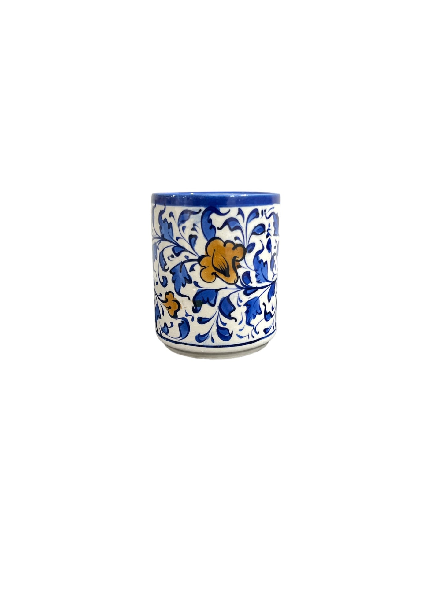Blue Pottery Tea Coffee Mug - Yellow Flower Design (Set of 2)