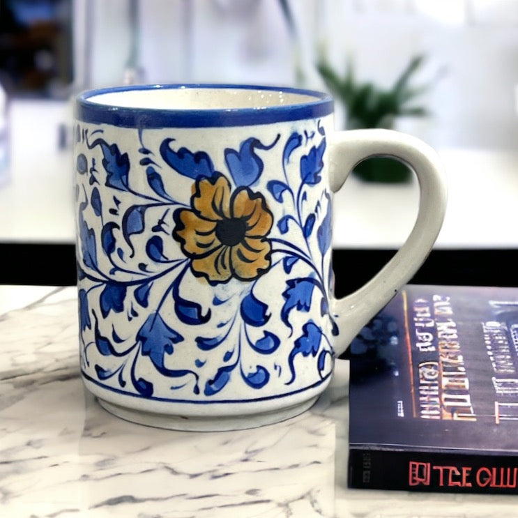 Blue Pottery Tea Coffee Mug - Yellow Flower Design (Set of 2)