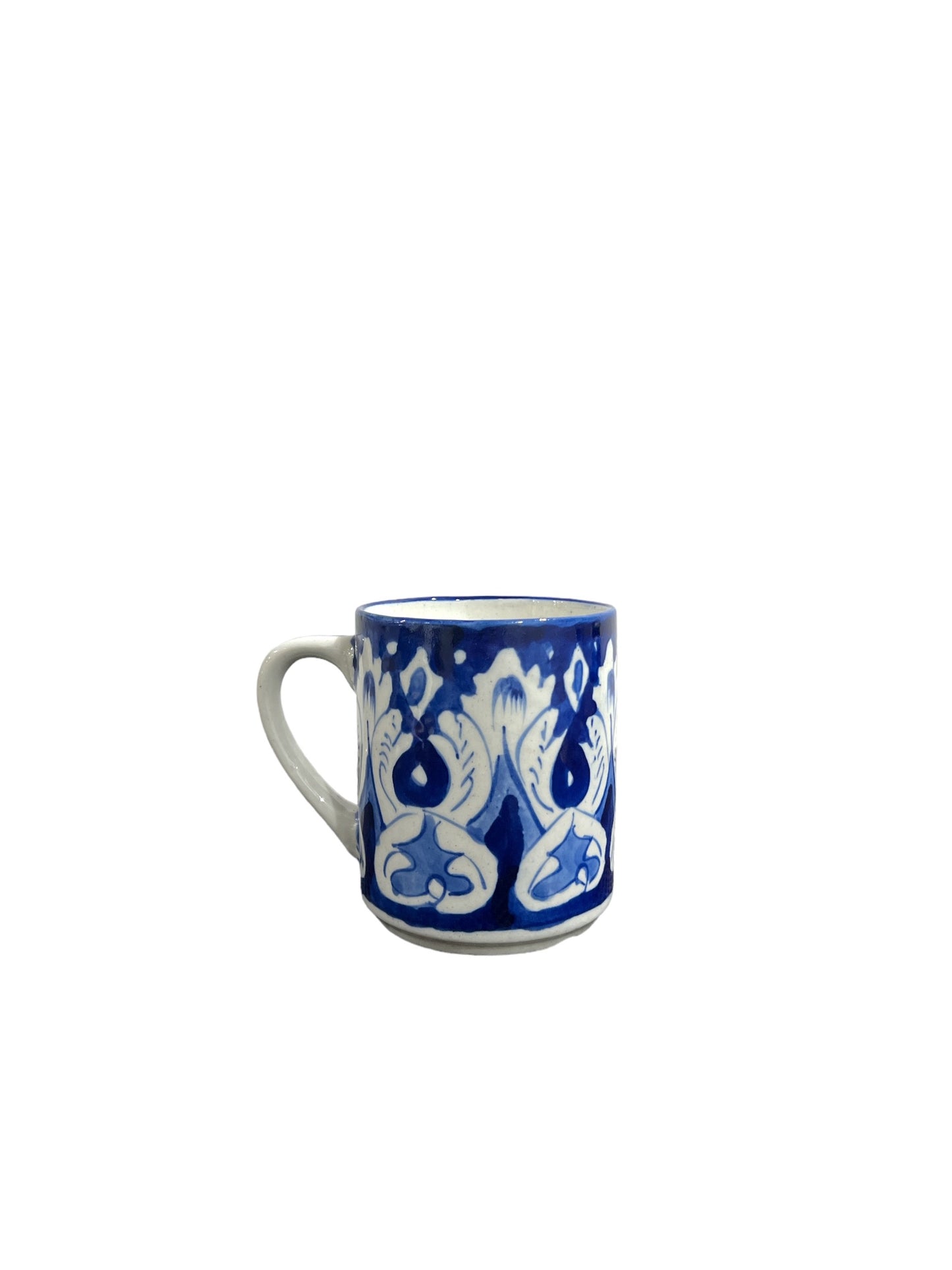 Blue Pottery Tea Coffee Mug - White Floral Design (Set of 2)