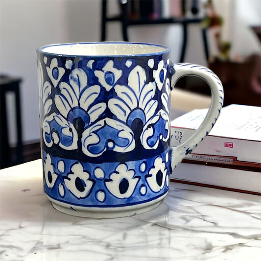 Blue Pottery Tea Coffee Mug - Peacock Feather Design (Set of 2)