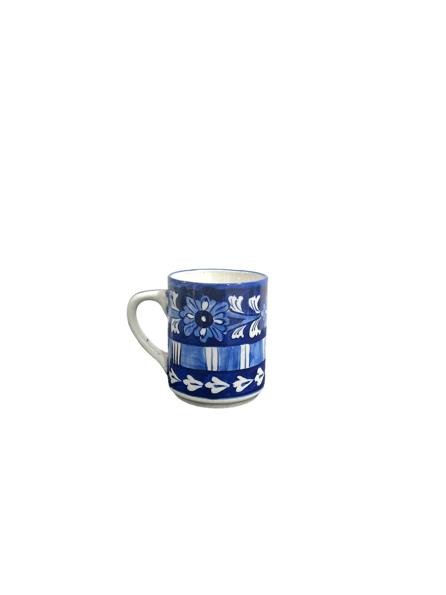 Blue Pottery Tea Coffee Mug - Flowers and Stripes Design (Set of 2)