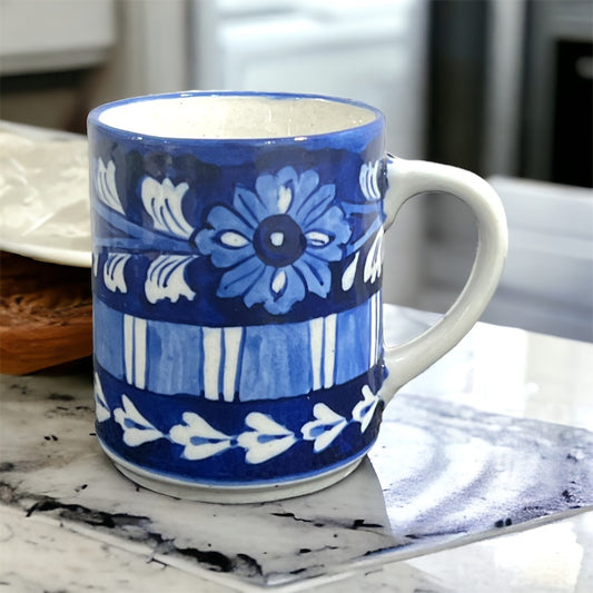 Blue Pottery Tea Coffee Mug - Flowers and Stripes Design (Set of 2)