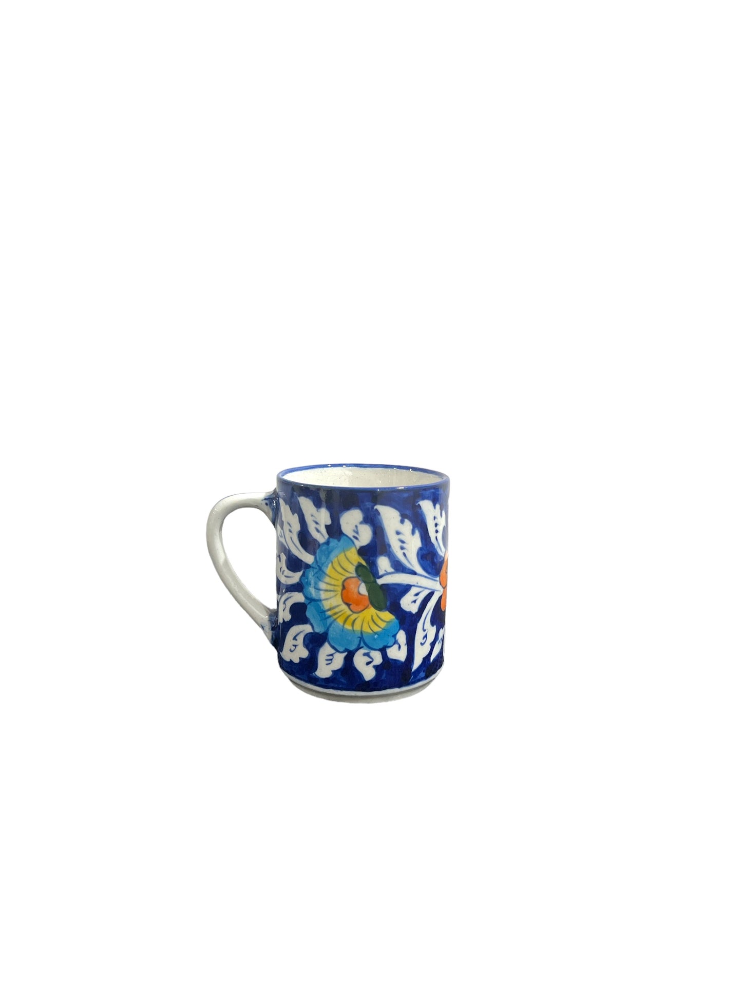 Blue Pottery Tea Coffee Mug - Floral Fan Design (Set of 2)