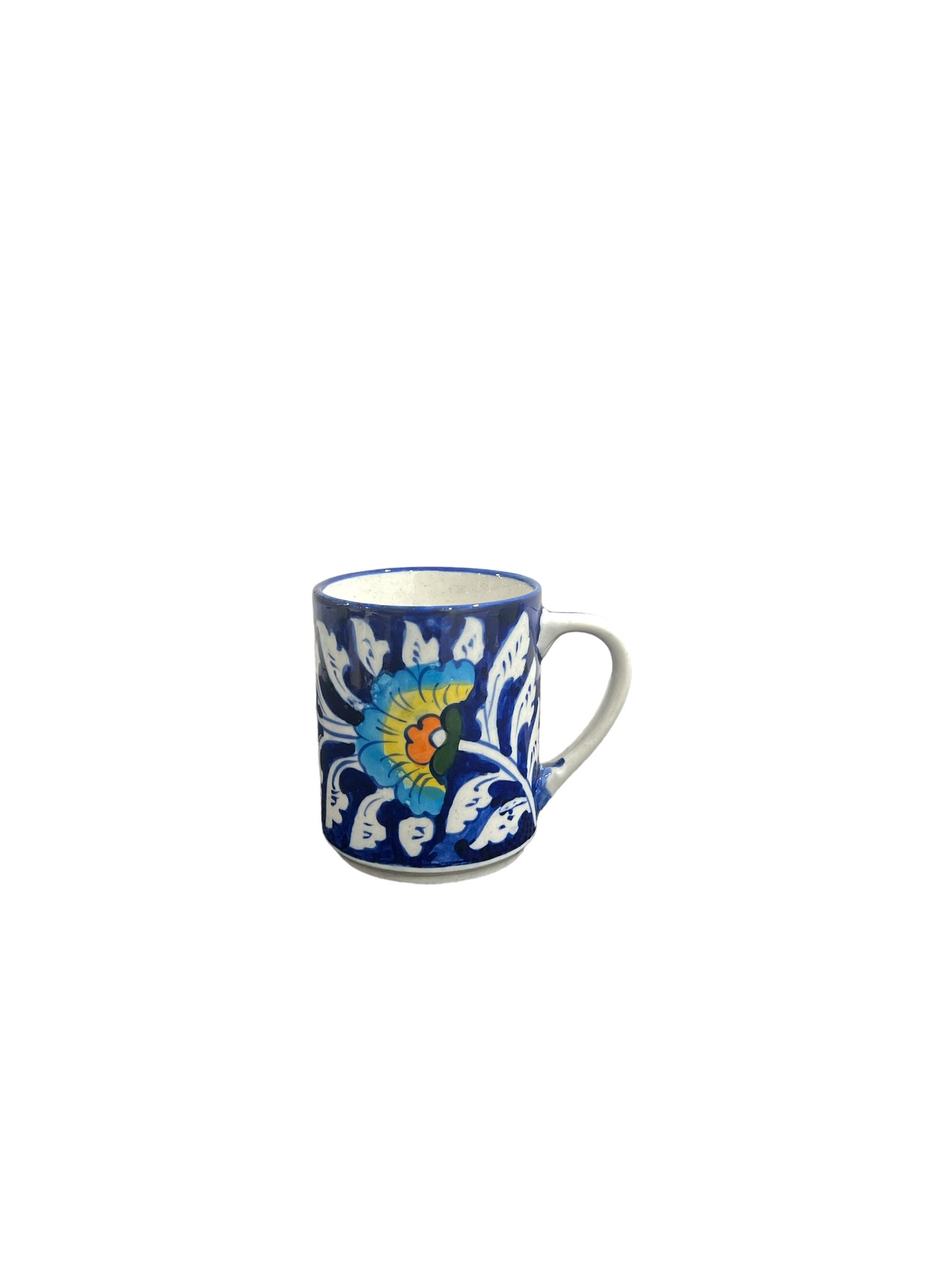 Blue Pottery Tea Coffee Mug - Floral Fan Design (Set of 2)