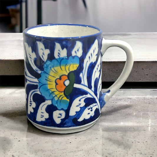 Blue Pottery Tea Coffee Mug - Floral Fan Design (Set of 2)