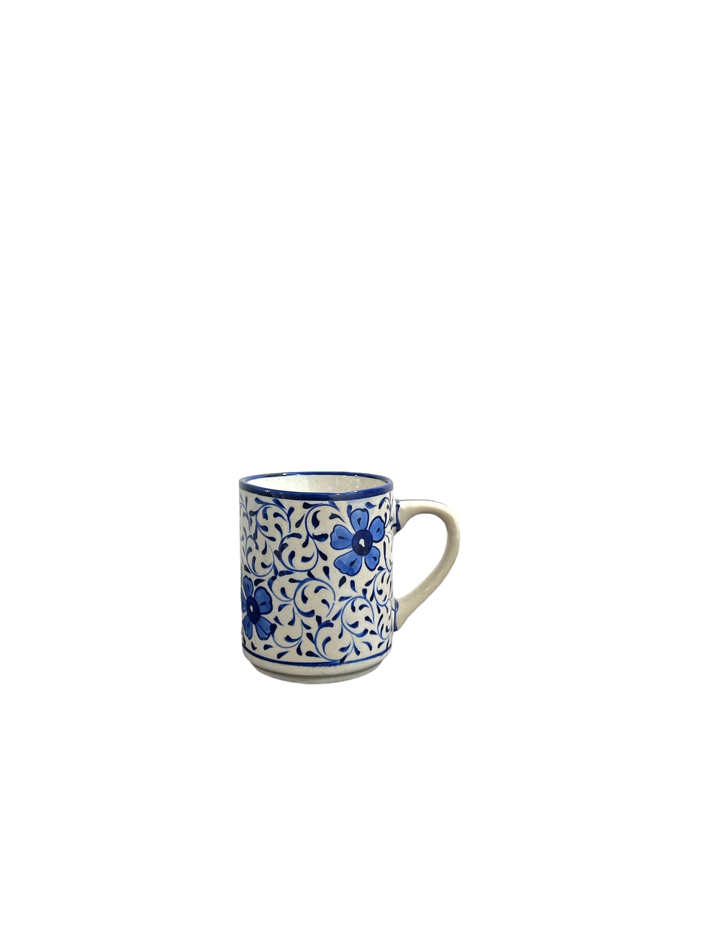 Blue Pottery Tea Coffee Mug - Blue Flowers and Vines Design (Set of 2)