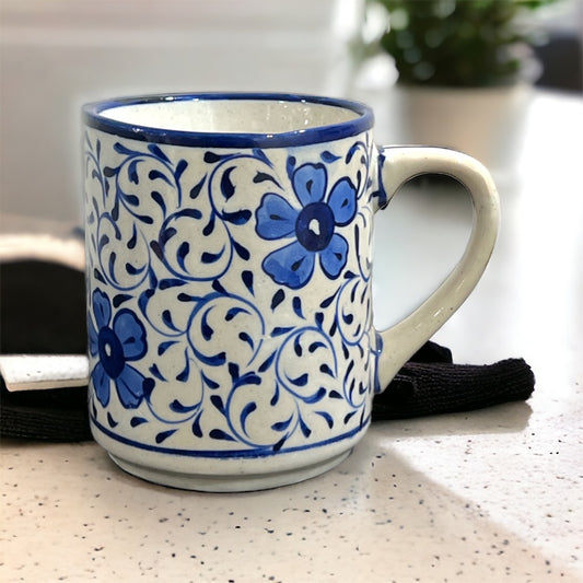 Blue Pottery Tea Coffee Mug - Blue Flowers and Vines Design (Set of 2)