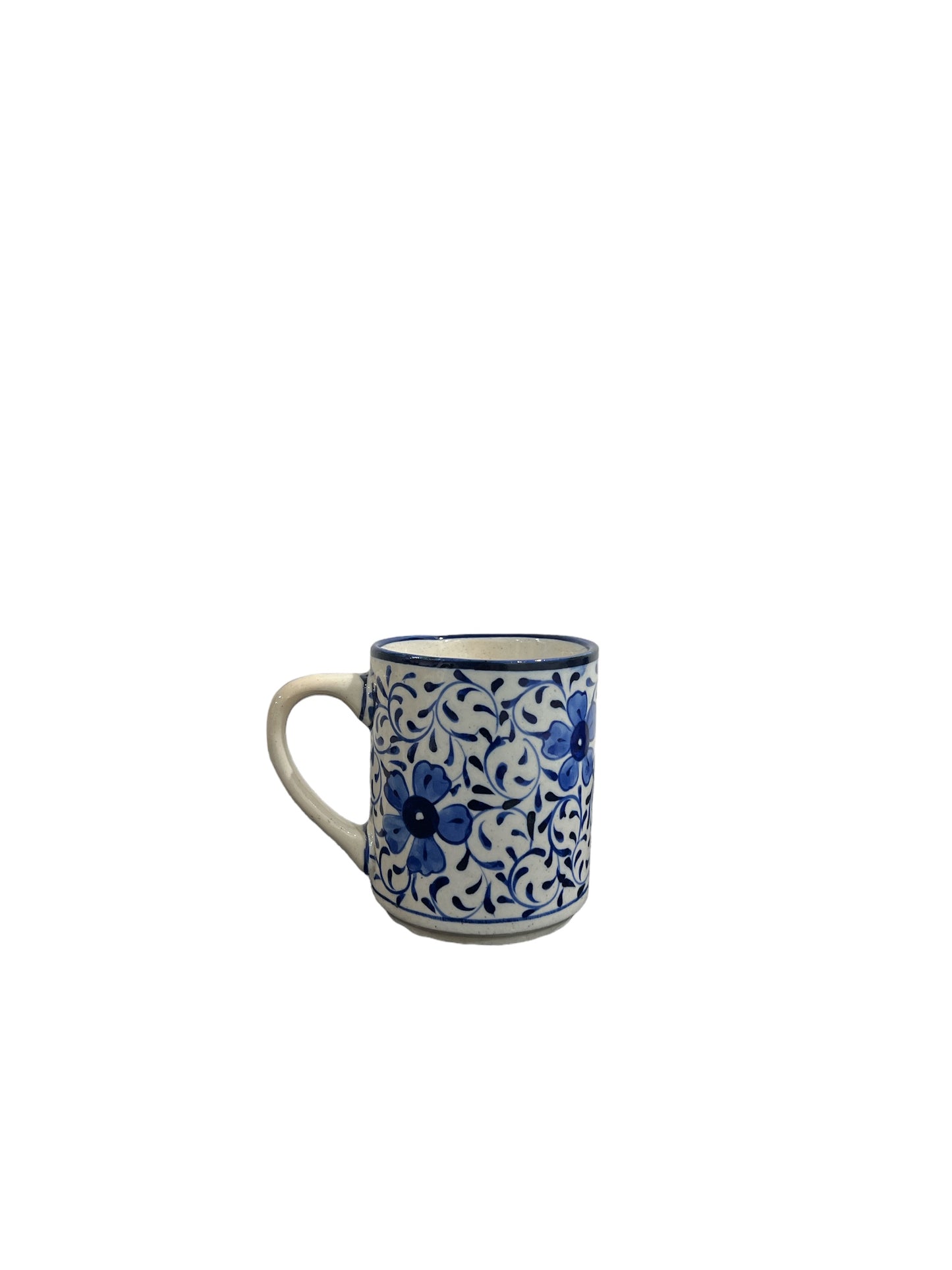 Blue Pottery Tea Coffee Mug - Blue Flowers and Vines Design (Set of 2)