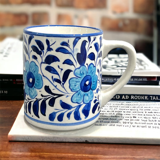 Blue Pottery Tea Coffee Mug - Light Blue Flower Design (Set of 2)
