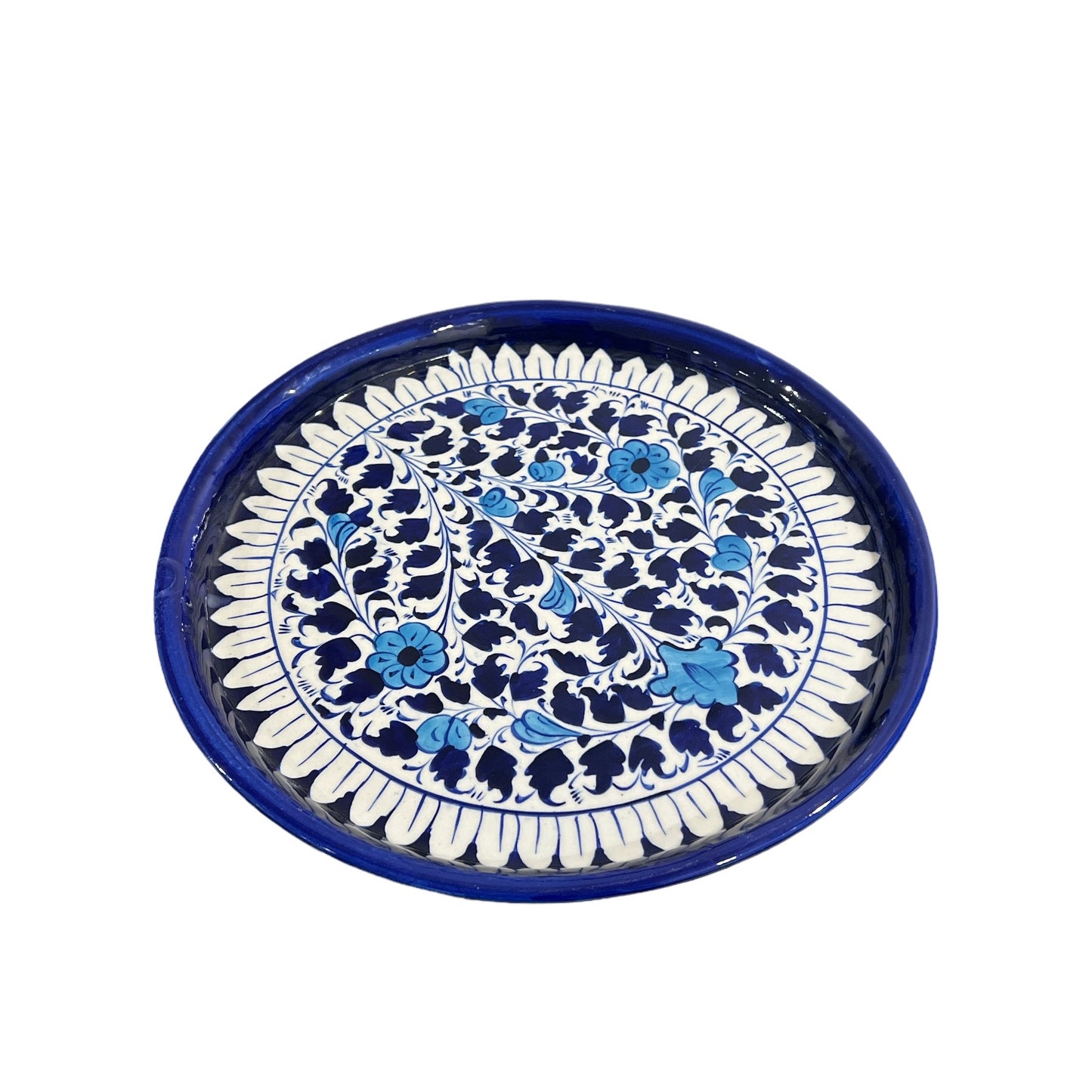 Blue Pottery Platter Hand Made Platter - Blue Flowers & Leaf