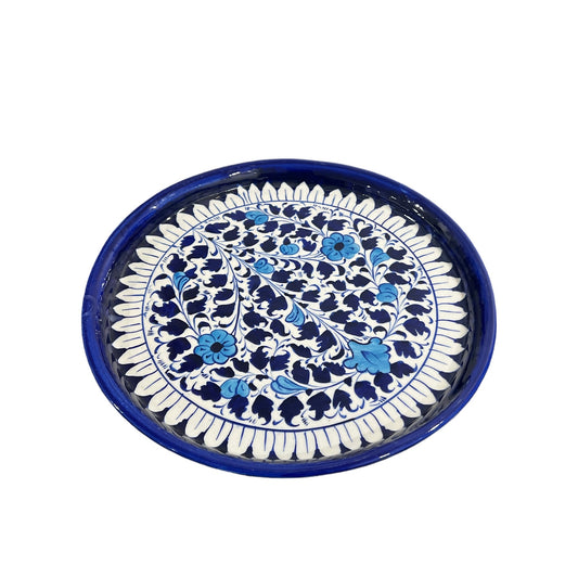 Blue Pottery Platter Hand Made Platter - Blue Flowers & Leaf