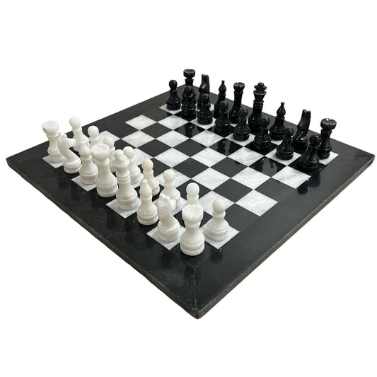 Black and White Marble Chess set in Velvet Case 15"