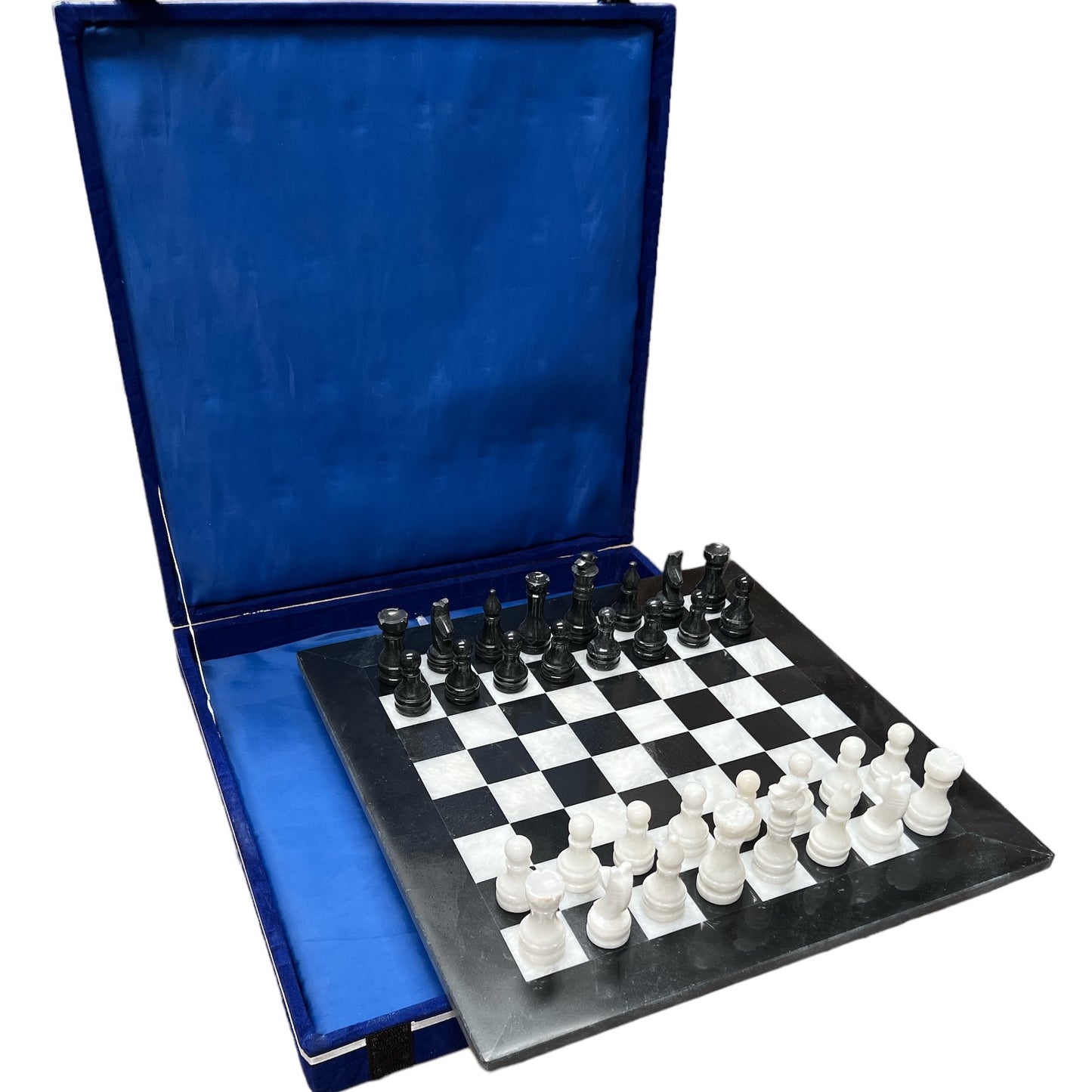 Black and White Marble Chess set in Velvet Case 15"
