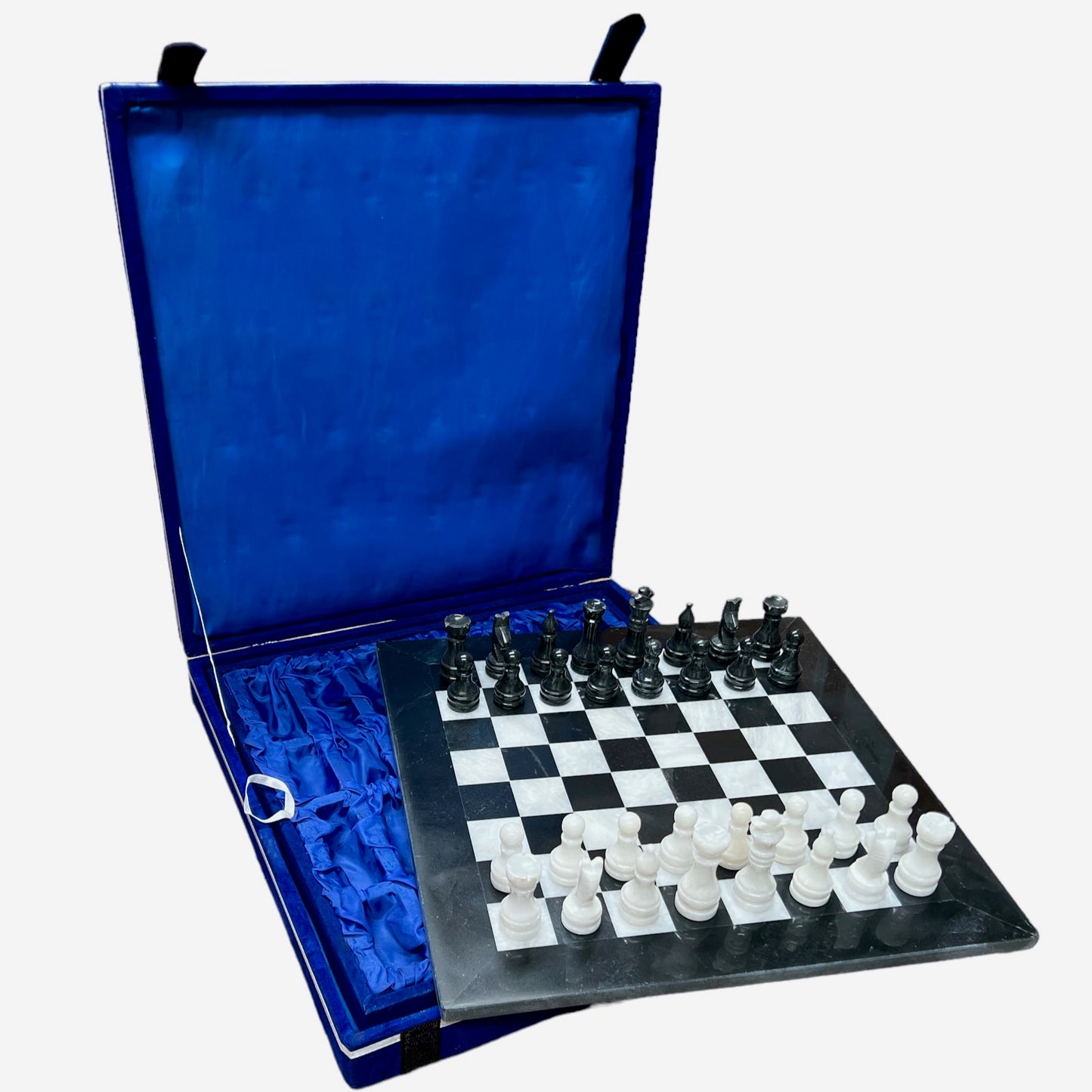 Black and White Marble Chess set in Velvet Case 15"
