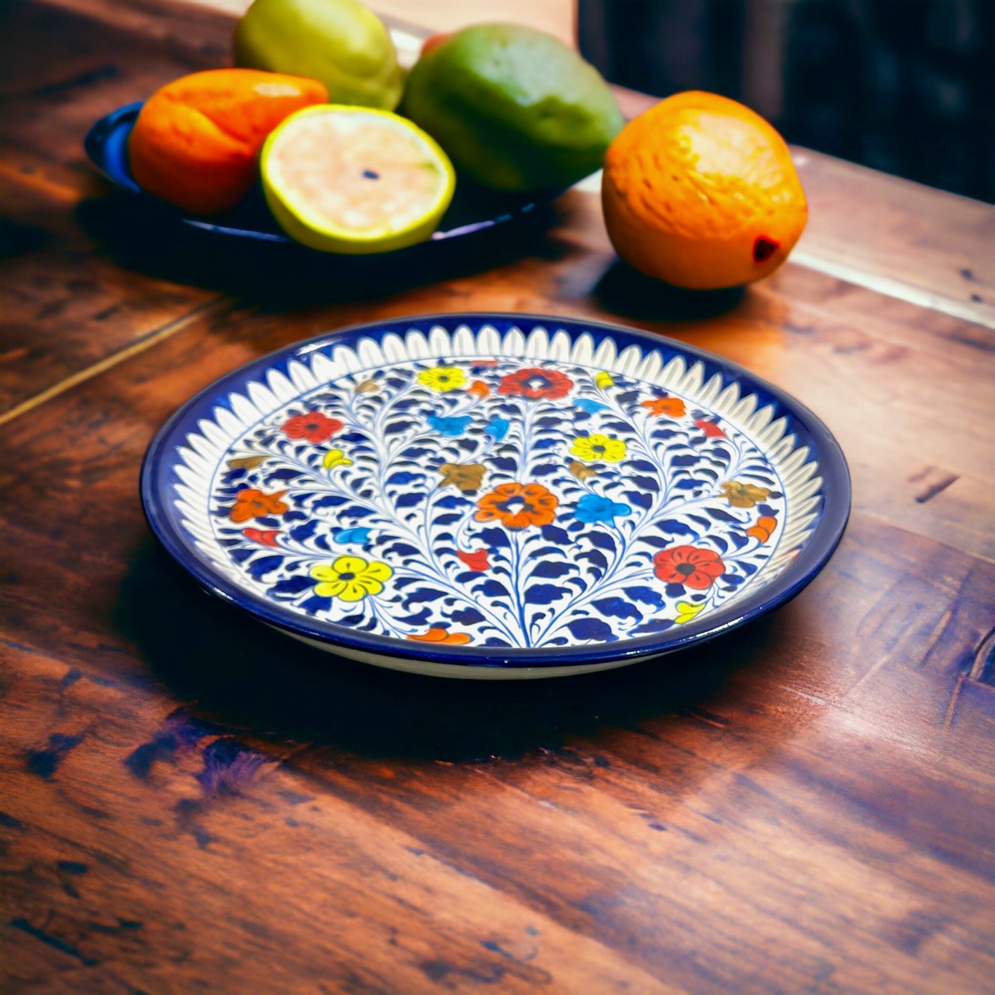 Blue Pottery Platter Hand Made Platter - Floral Design 2