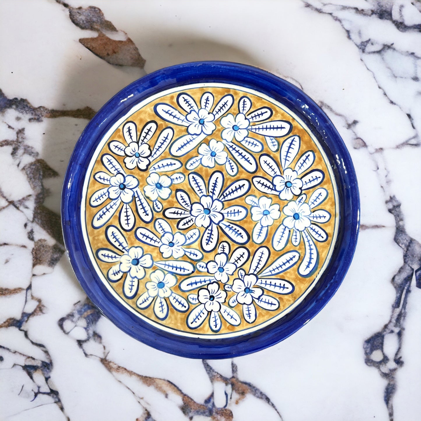 Blue Pottery Platter Hand Made Platter - Beige Flower Design