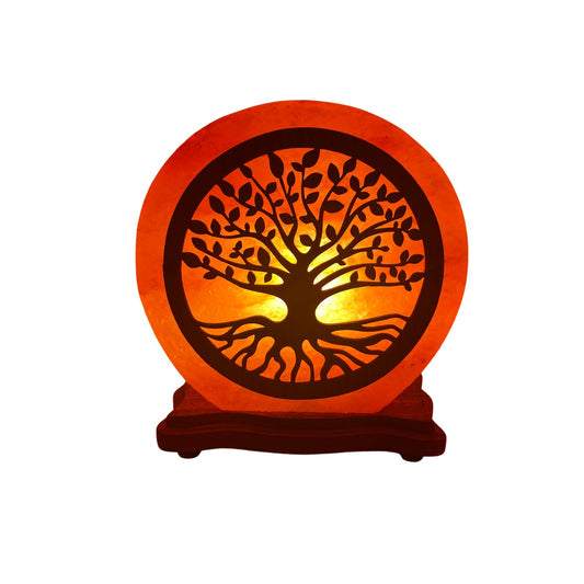 Salt Lamp with Tree of Life Wooden Carving SMALL (pink)