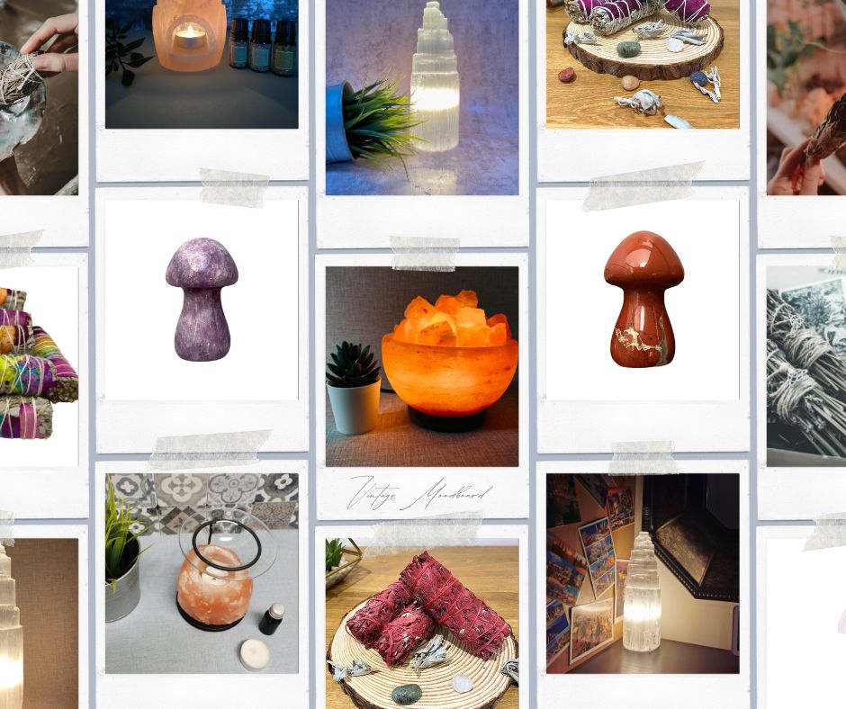 A collage of our fave products: mushrooms, bowl lamp, selenite lamp, oil burners and smudge sticks
