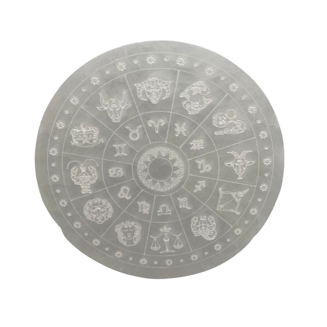 10cm Selenite round engraved charging disc  - Zodiac