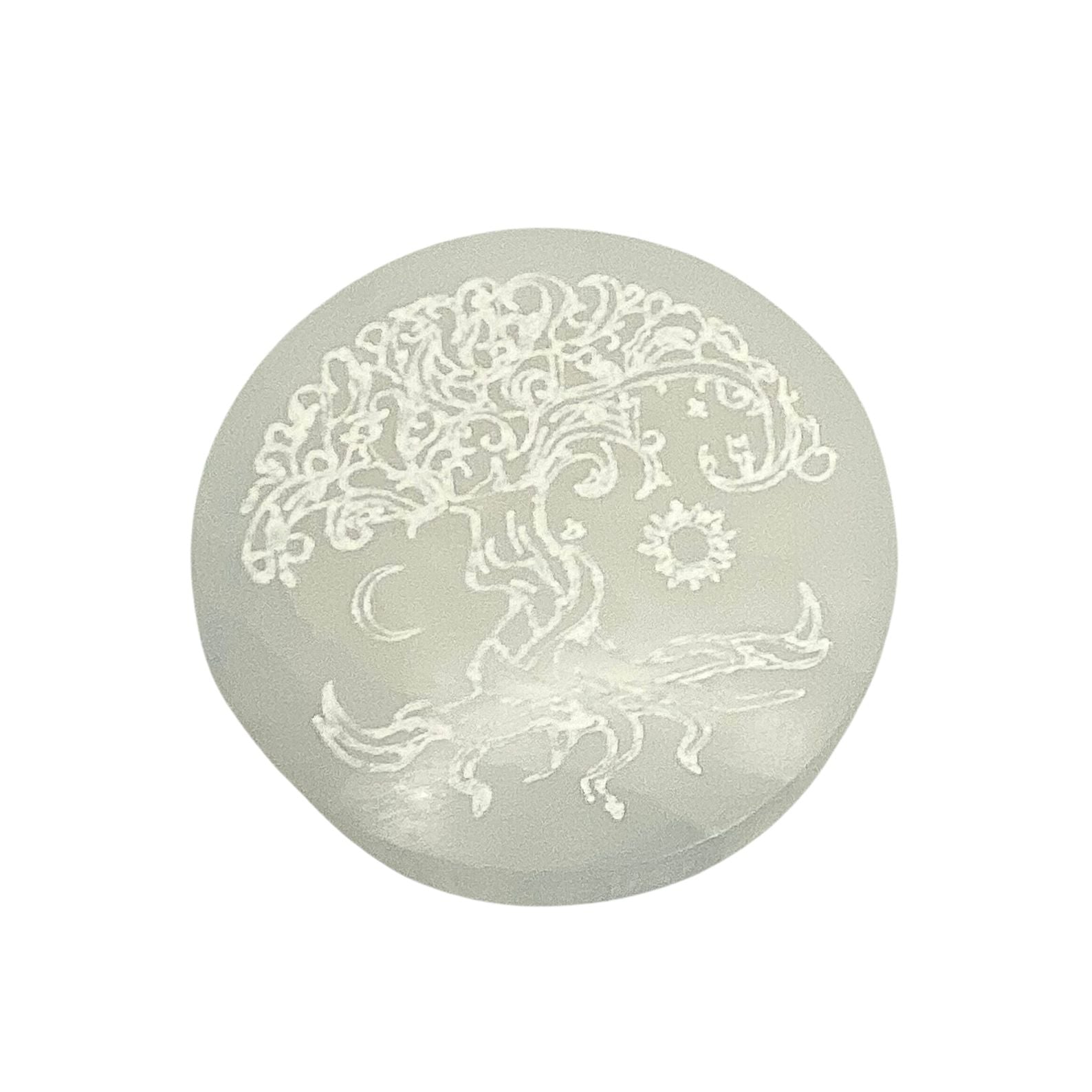 10cm Selenite round engraved charging disc - Tree of life