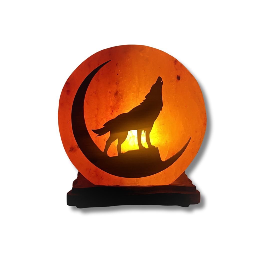 Salt Lamp with Wolf Wooden Carving SMALL (pink)