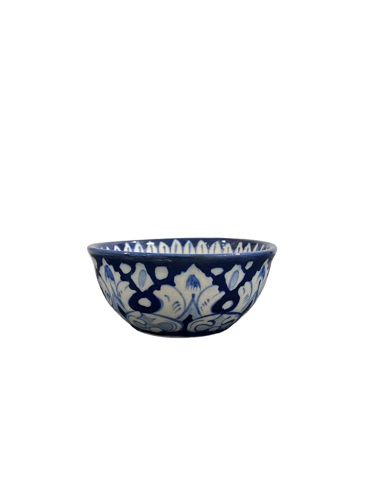 Blue Pottery Serving Bowl - White Floral Design (Set of 2)