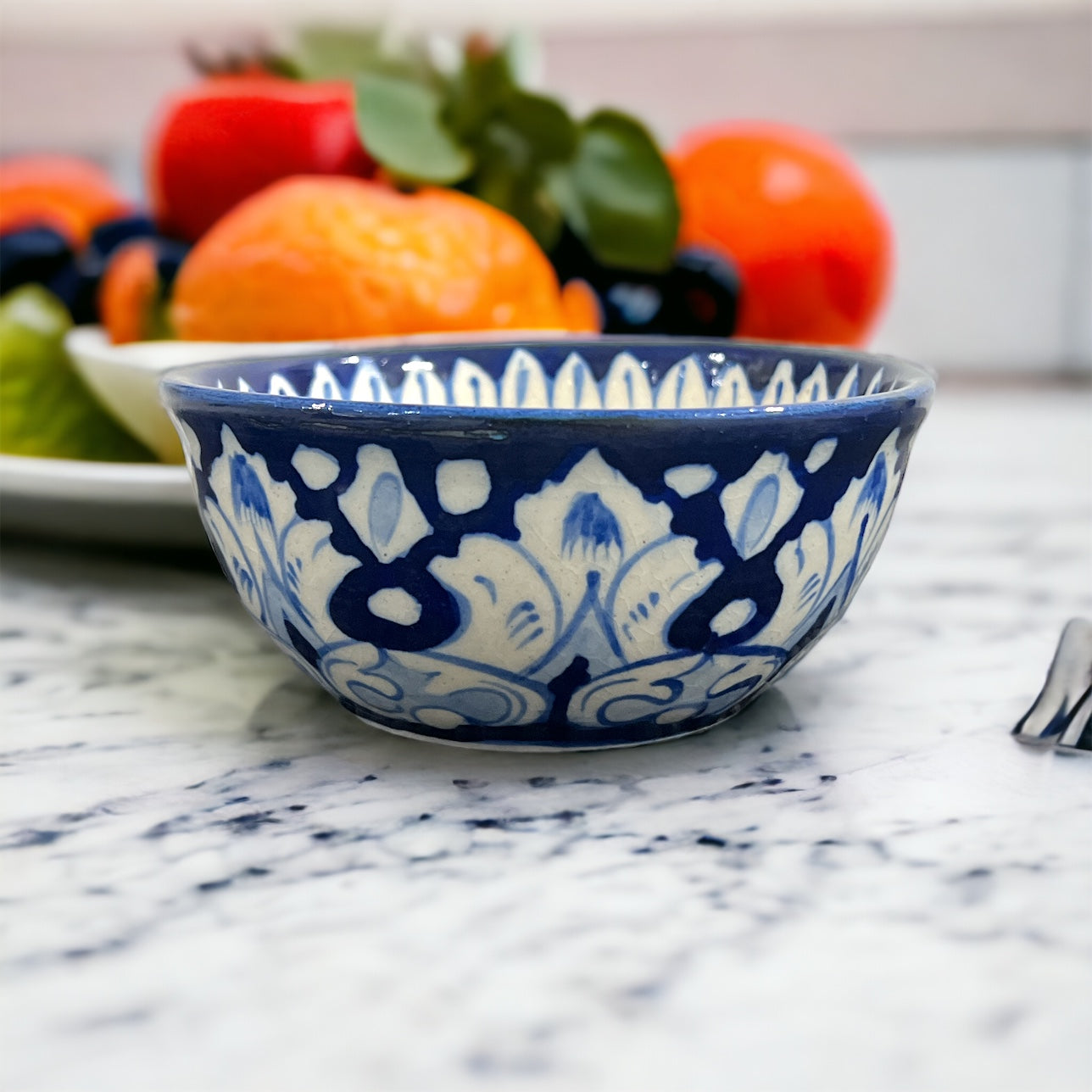 Blue Pottery Serving Bowl - White Floral Design (Set of 2)
