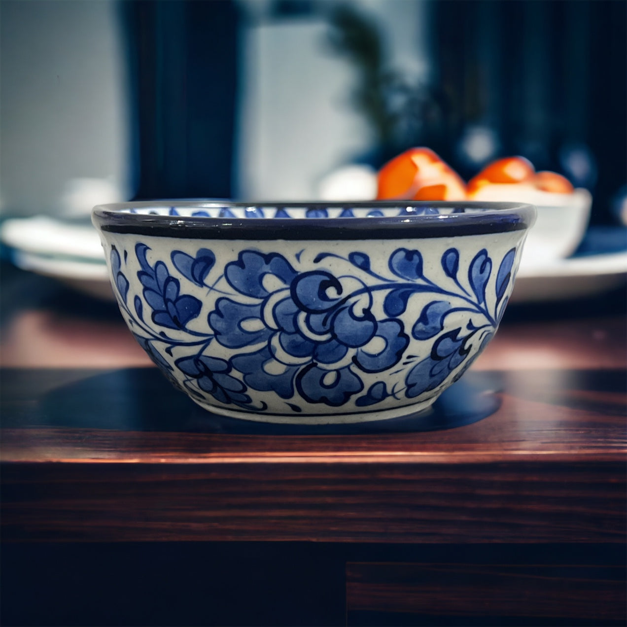 Blue Pottery Serving Bowl - Blue Leaf Triangle Design (Set of 2)