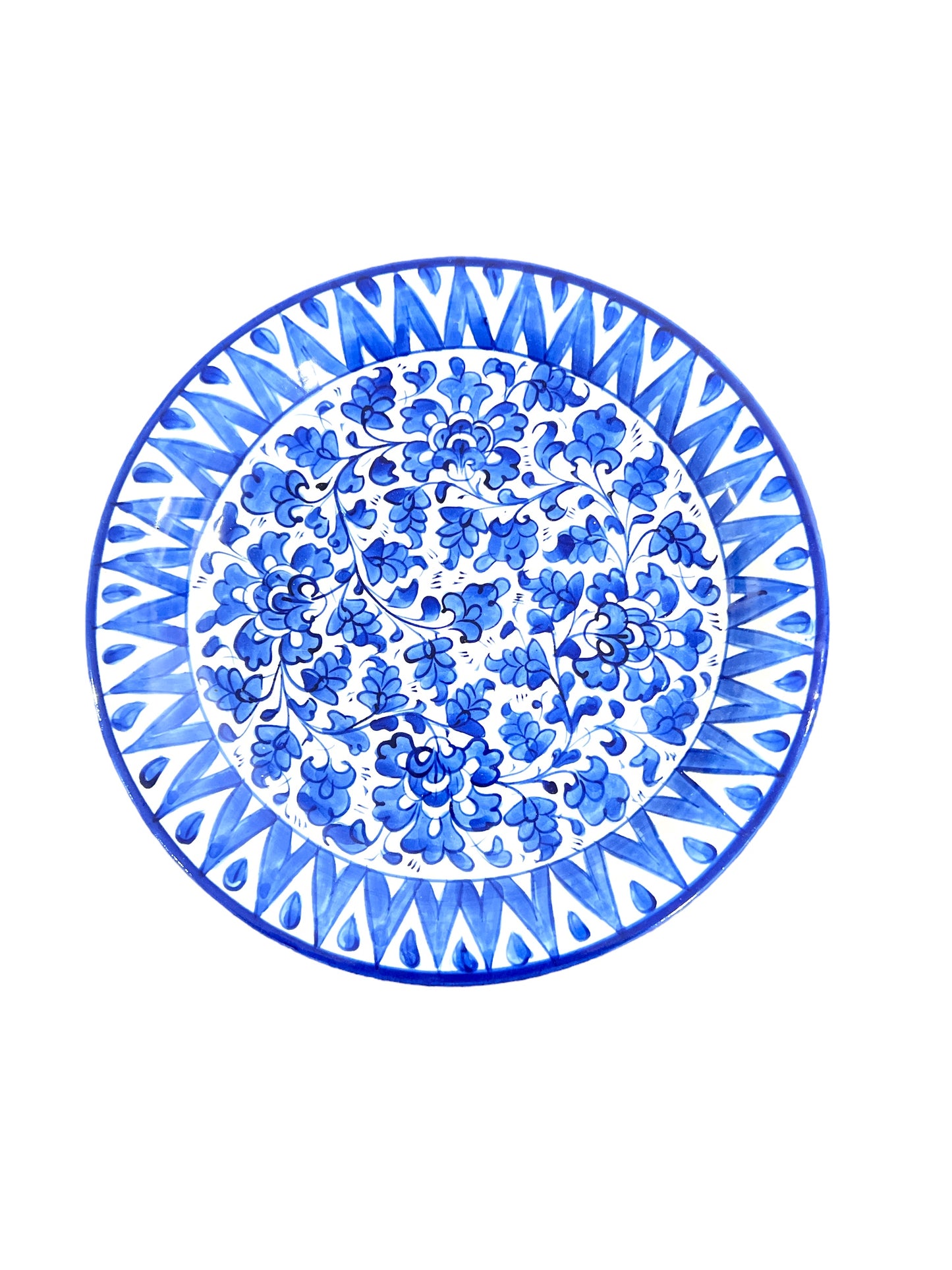 Blue Pottery Ceramic Dinner Plate - Blue Leaf Triangle Design