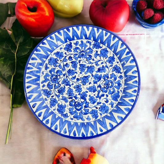Blue Pottery Ceramic Dinner Plate - Blue Leaf Triangle Design