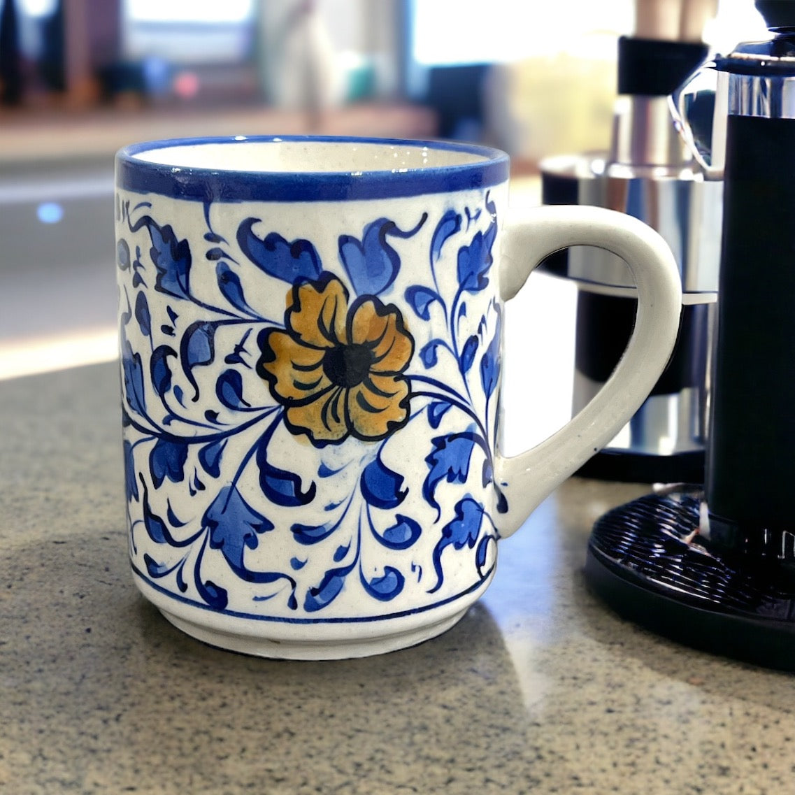 Blue Pottery Tea Coffee Mug - Yellow Flower Design (Set of 2)
