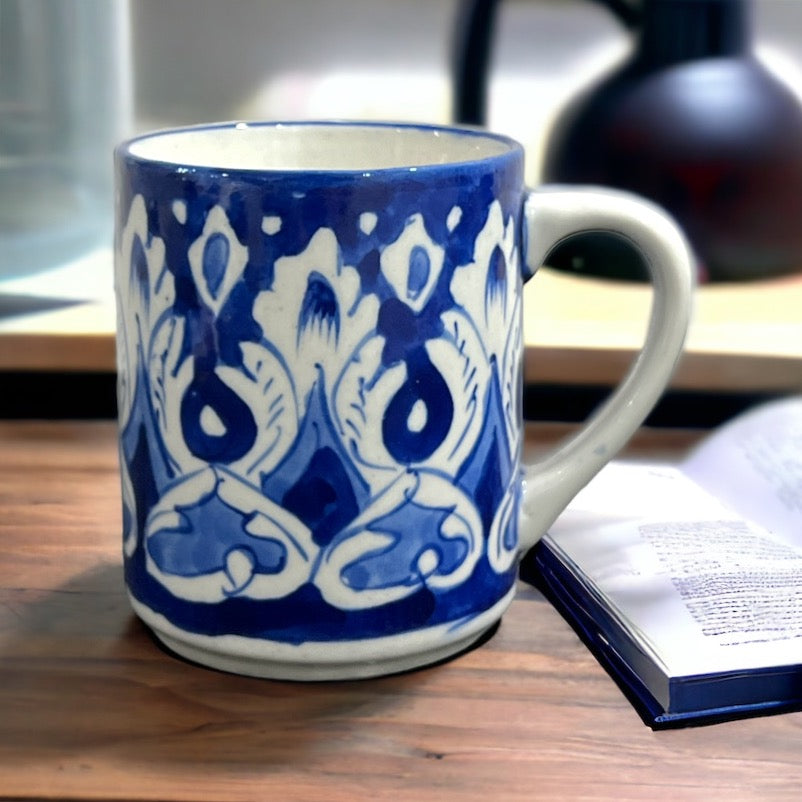 Blue Pottery Tea Coffee Mug - White Floral Design (Set of 2)