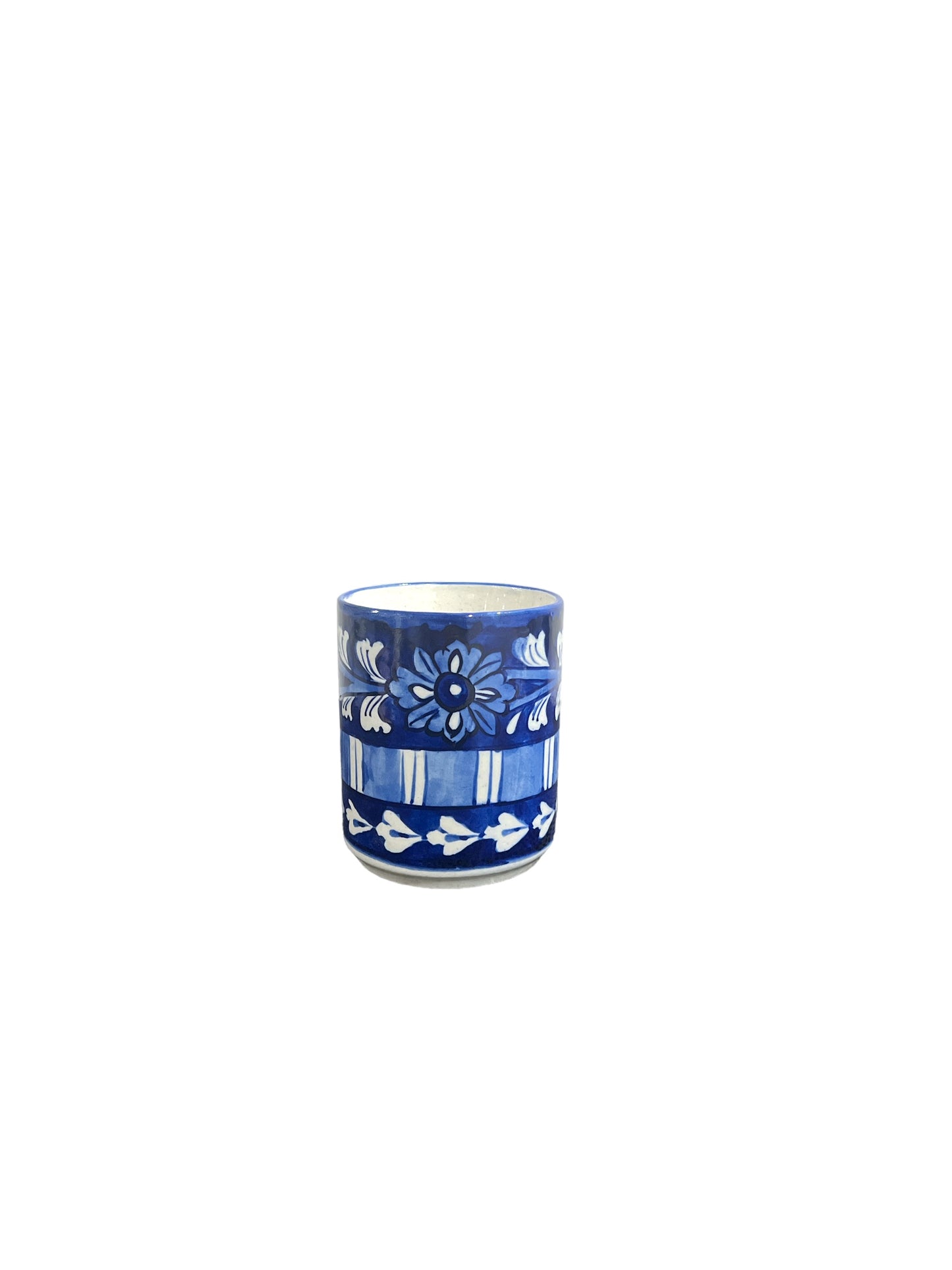 Blue Pottery Tea Coffee Mug - Flowers and Stripes Design (Set of 2)