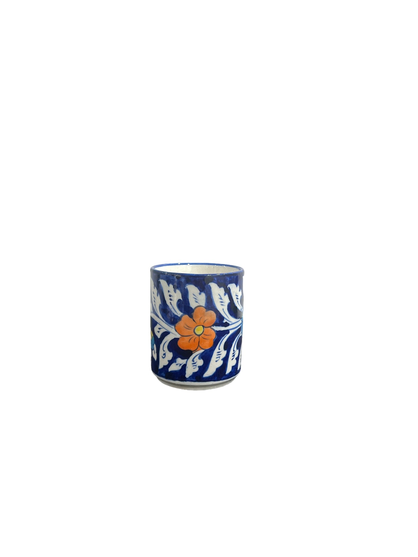 Blue Pottery Tea Coffee Mug - Floral Fan Design (Set of 2)
