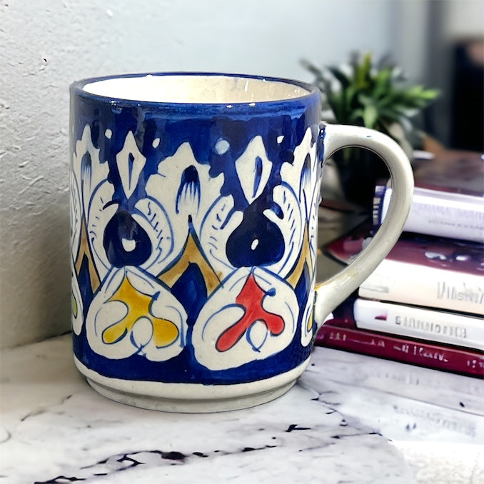 Blue Pottery Tea Coffee Mug - Multicoloured Holly Design (Set of 2)
