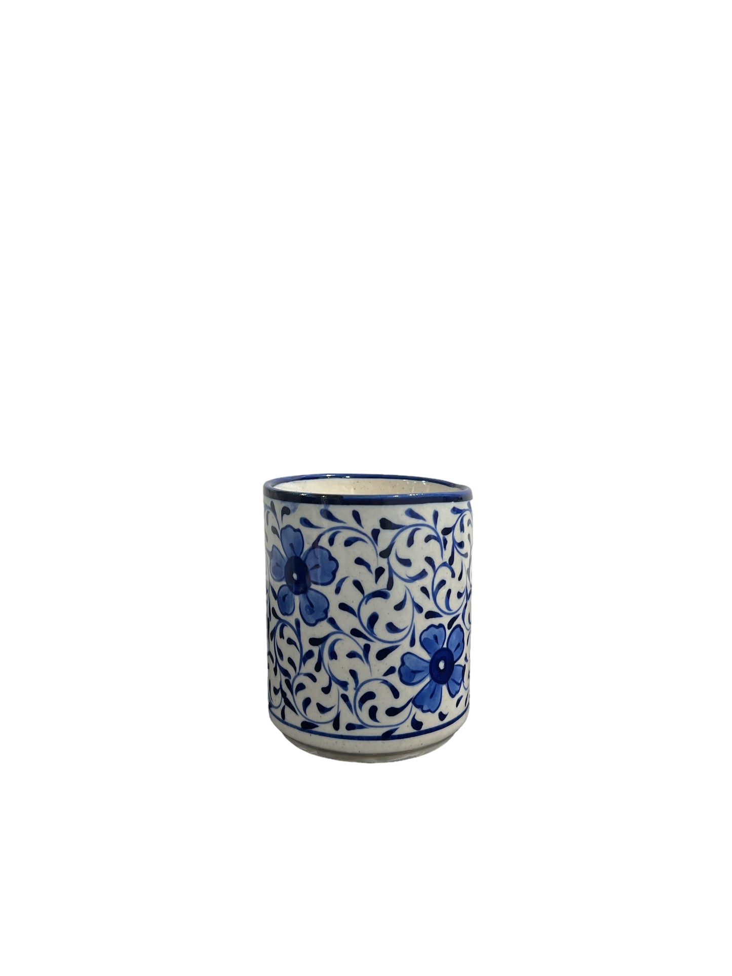 Blue Pottery Tea Coffee Mug - Blue Flowers and Vines Design (Set of 2)