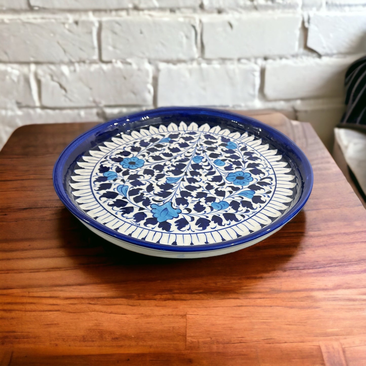 Blue Pottery Platter Hand Made Platter - Blue Flowers & Leaf
