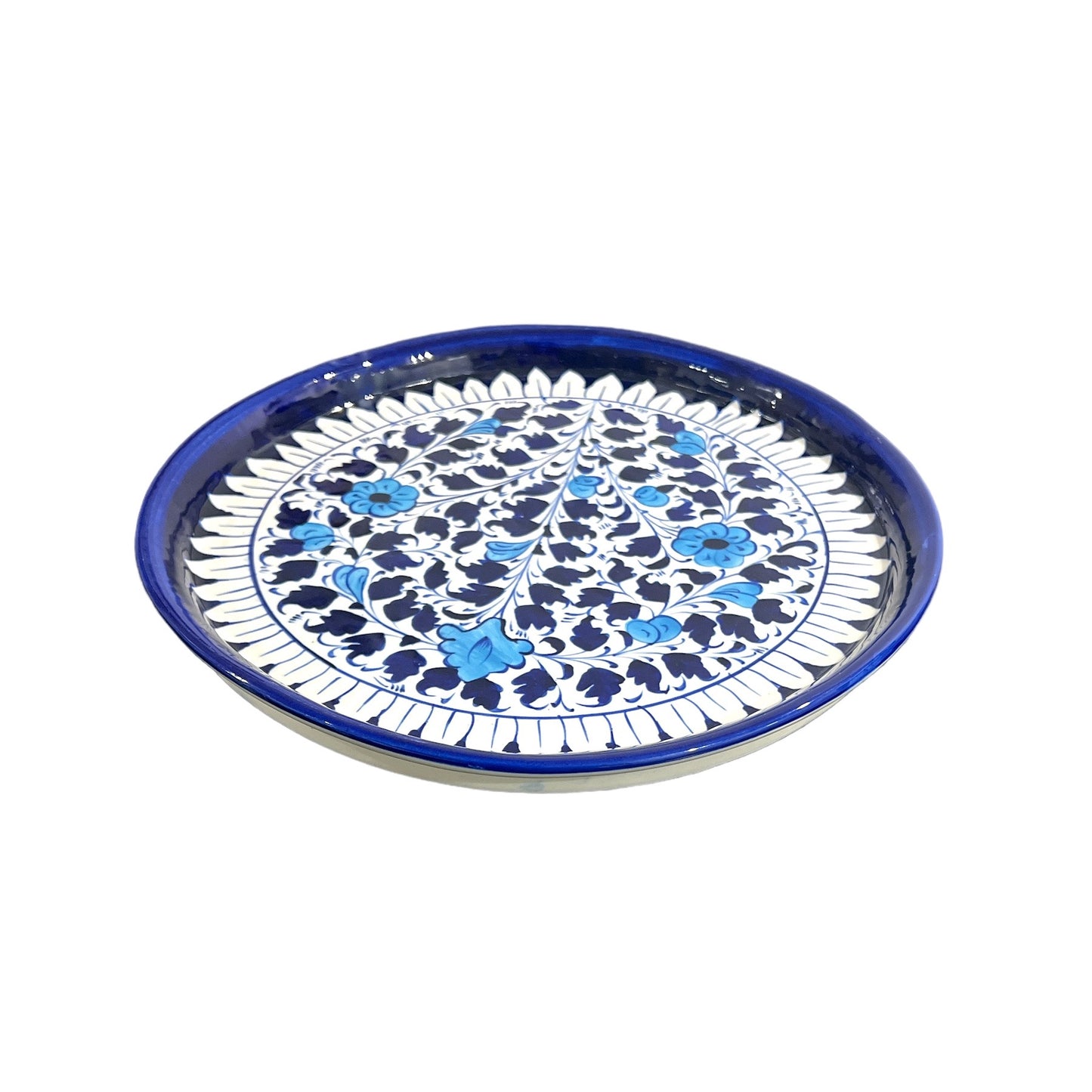 Blue Pottery Platter Hand Made Platter - Blue Flowers & Leaf